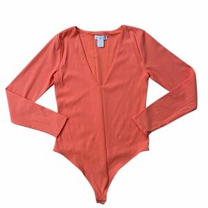 House of Harlow 1960 Orange Ribbed V Neck Long Sleeve Bodysuit